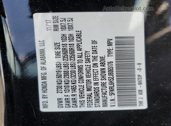 5FNRL6H52JB065176 2018 HONDA ODYSSEY Black Vista de la etiqueta del VIN