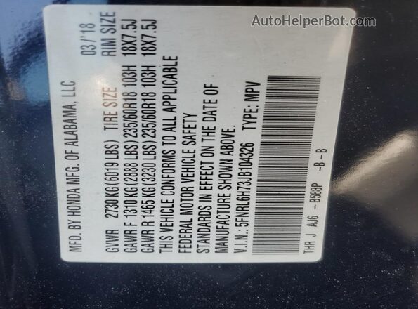 5FNRL6H73JB104326 2018 HONDA ODYSSEY Blue Widok naklejki z numerem VIN