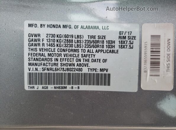 5FNRL6H78JB022480 2018 HONDA ODYSSEY Серебряный Вид наклейки с VIN-кодом