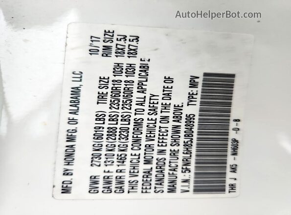 5FNRL6H85JB048995 2018 HONDA ODYSSEY White VIN կոդի պիտակի տեսք