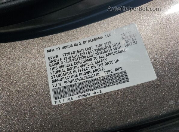 5FNRL6H92JB059140 2018 HONDA ODYSSEY Brown Widok naklejki z numerem VIN