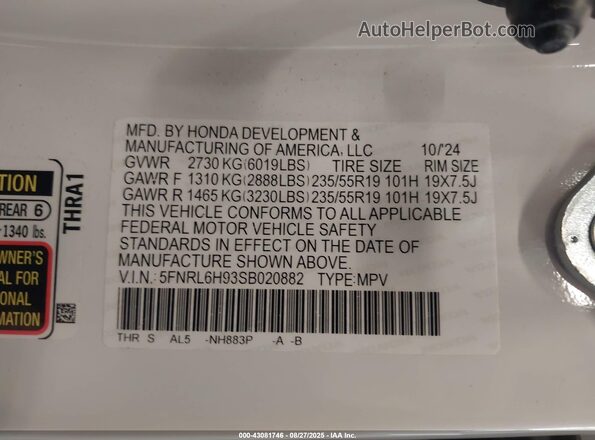 5FNRL6H93SB020882 2025 HONDA ODYSSEY White Vista del compartimento del motor