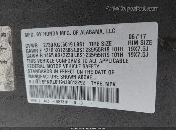 5FNRL6H94JB013292 2018 HONDA ODYSSEY Серый Вид подкапотного пространства