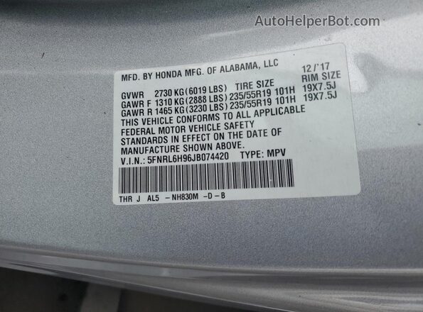 5FNRL6H96JB074420 2018 HONDA ODYSSEY Серебряный Вид наклейки с VIN-кодом