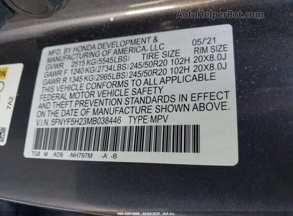 5FNYF5H23MB038446 2021 HONDA PILOT Gray Widok komory silnika