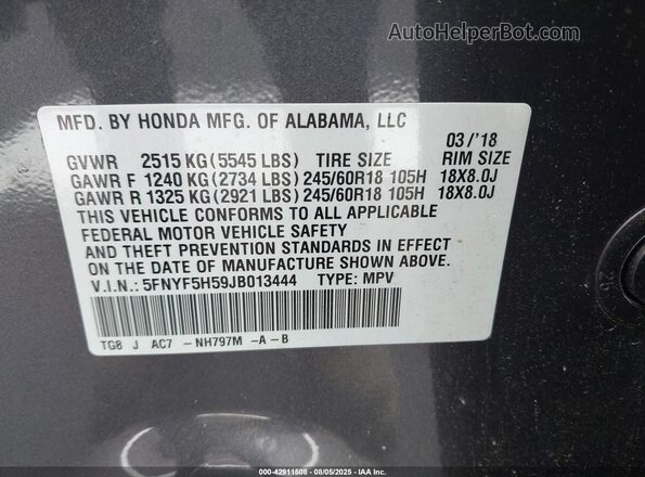 5FNYF5H59JB013444 2018 HONDA PILOT Gray Widok komory silnika