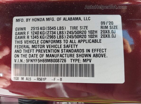 5FNYF5H69MB008726 2021 HONDA PILOT Maroon Vista del compartimento del motor