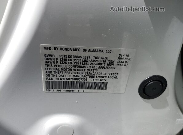 5FNYF5H79JB007306 2018 HONDA PILOT White Vista interior de 360 grados