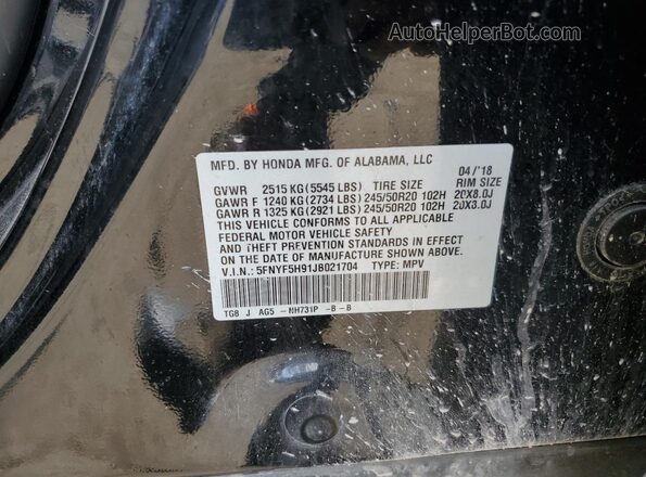 5FNYF5H91JB021704 2018 HONDA PILOT Black VIN კოდის სტიკერის ხედი