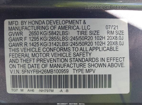 5FNYF6H26MB100959 2021 HONDA PILOT Серый Вид подкапотного пространства