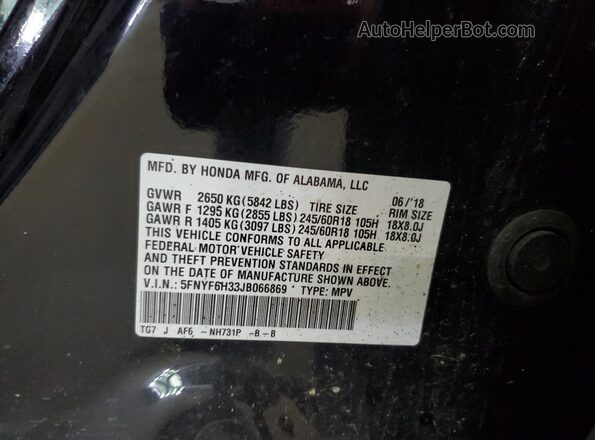 5FNYF6H33JB066869 2018 HONDA PILOT Black Widok naklejki z numerem VIN
