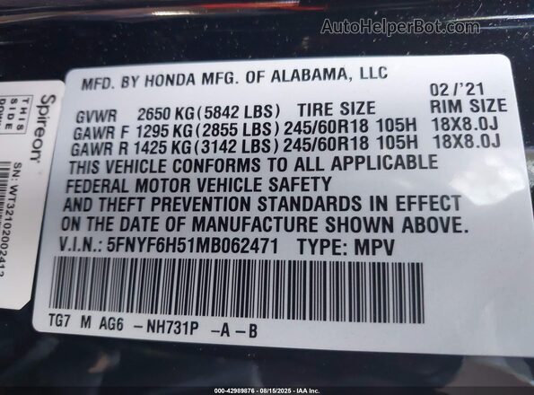 5FNYF6H51MB062471 2021 HONDA PILOT Black Engine compartment view