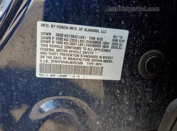 5FNYF6H94JB057389 2018 HONDA PILOT Blue Вид підкапотного простору