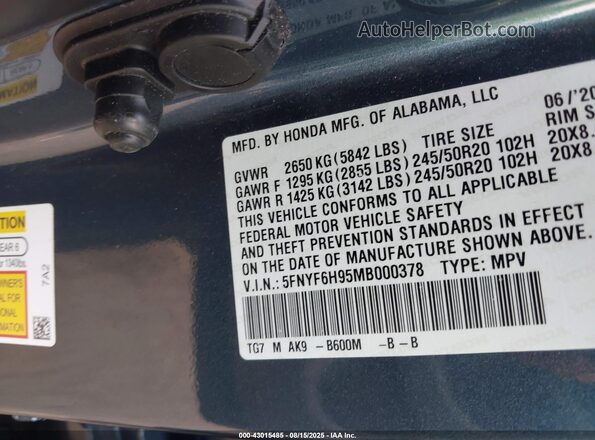 5FNYF6H95MB000378 2021 HONDA PILOT Blue Engine compartment view
