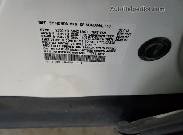 5FNYF6H96JB064246 2018 HONDA PILOT Белый Вид наклейки с VIN-кодом