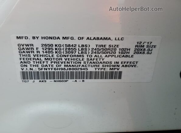 5FNYF6H98JB002945 2018 HONDA PILOT White 360 interior view