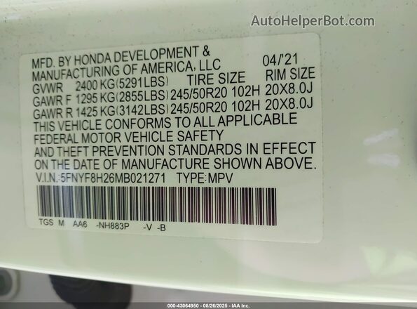 5FNYF8H26MB021271 2021 HONDA PASSPORT White Vista del compartimento del motor