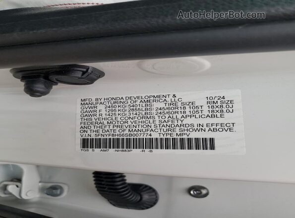 5FNYF8H66SB007774 2025 HONDA PASSPORT White VIN კოდის სტიკერის ხედი