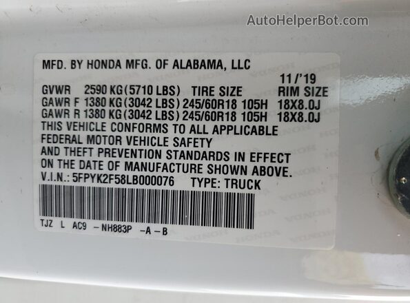 5FPYK2F58LB000076 2020 HONDA RIDGELINE White Vista del compartimento del motor