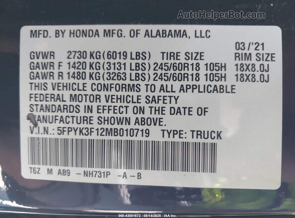 5FPYK3F12MB010719 2021 HONDA RIDGELINE Black Widok komory silnika