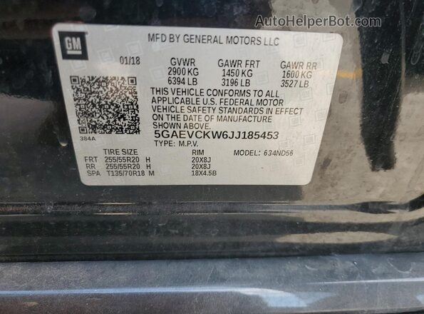 5GAEVCKW6JJ185453 2018 BUICK ENCLAVE Черный Вид наклейки с VIN-кодом