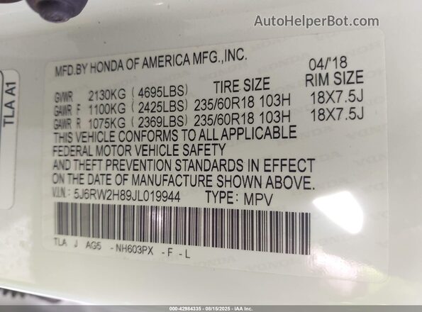 5J6RW2H89JL019944 2018 HONDA CR-V Белый Вид подкапотного пространства