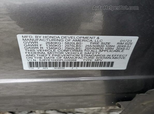 5J8YE1H00PL026994 2023 ACURA MDX Gray Widok naklejki z numerem VIN