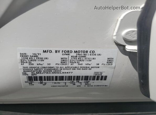 5LM5J7XC4NGL03477 2022 LINCOLN AVIATOR Белый Панорамный вид салона 360°