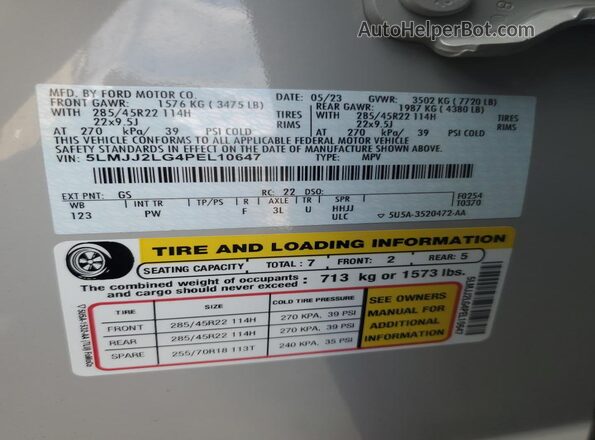 5LMJJ2LG4PEL10647 2023 LINCOLN NAVIGATOR Серебряный Вид наклейки с VIN-кодом