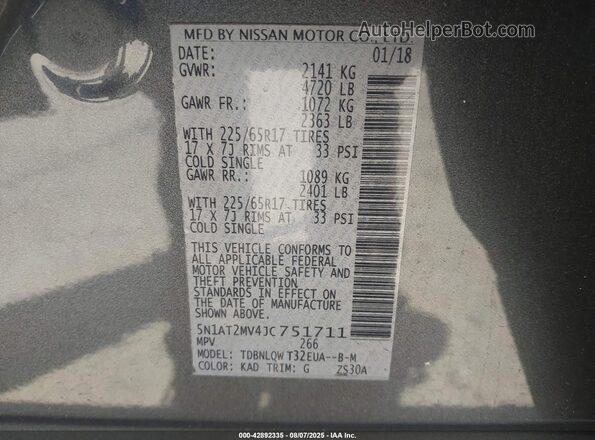 5N1AT2MV4JC751711 2018 NISSAN ROGUE Gray Widok komory silnika