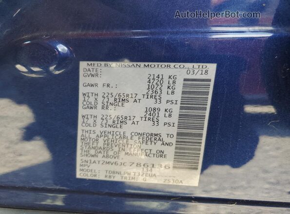 5N1AT2MV6JC786136 2018 NISSAN ROGUE Blue Շարժիչի բաժամունքի տեսք