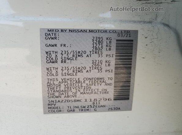 5N1AZ2DS8MC118296 2021 NISSAN MURANO White Vista del compartimento del motor