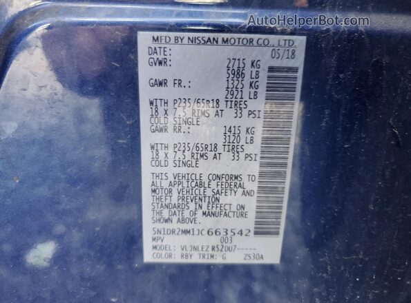 5N1DR2MM1JC663542 2018 NISSAN PATHFINDER Blue Widok naklejki z numerem VIN