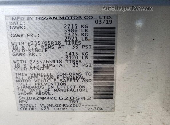 5N1DR2MM4KC620542 2019 NISSAN PATHFINDER Silver Вид підкапотного простору
