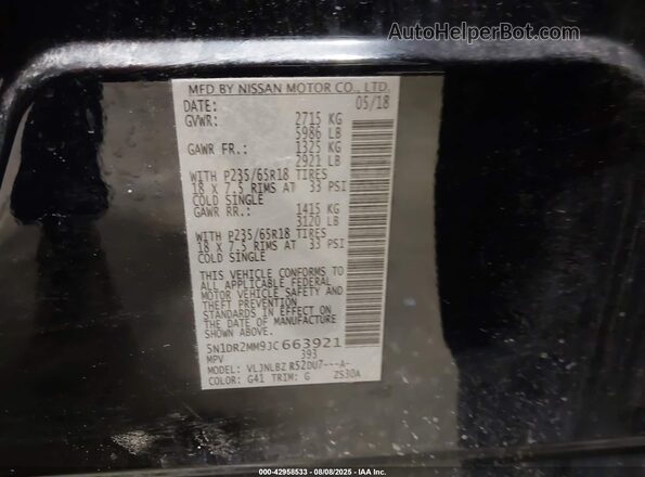 5N1DR2MM9JC663921 2018 NISSAN PATHFINDER Черный Вид подкапотного пространства
