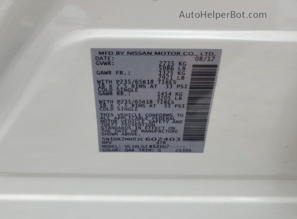 5N1DR2MN0JC602403 2018 NISSAN PATHFINDER Белый Вид наклейки с VIN-кодом