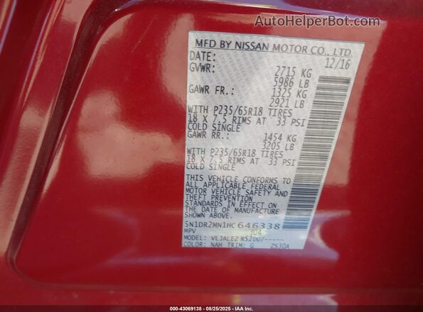 5N1DR2MN1HC646338 2017 NISSAN PATHFINDER Красный Вид подкапотного пространства