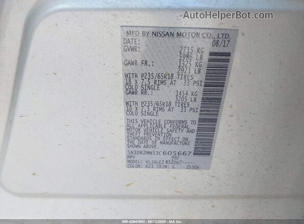 5N1DR2MN5JC605667 2018 NISSAN PATHFINDER Silver Vista del compartimento del motor