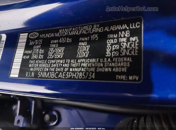 5NMJBCAE3PH285734 2023 HYUNDAI TUCSON Blue ძრავის განყოფილების ხედი