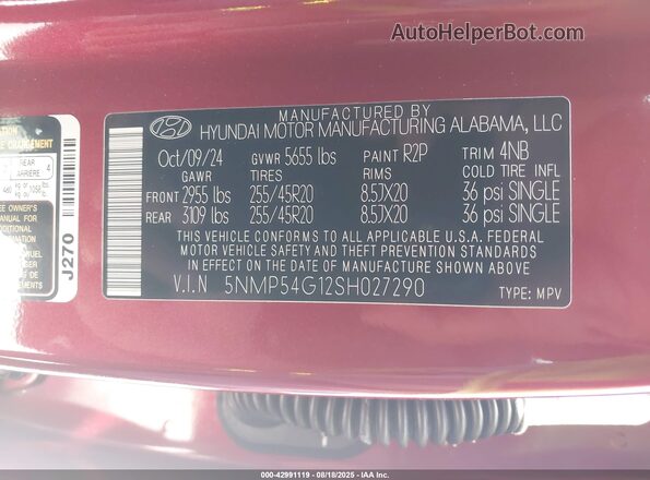 5NMP54G12SH027290 2025 HYUNDAI SANTA FE Красный Вид подкапотного пространства