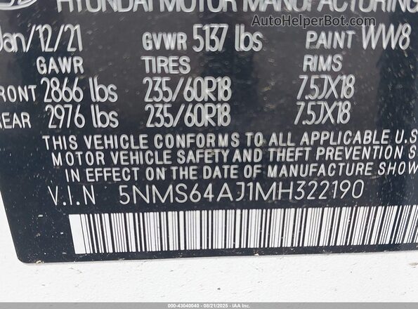 5NMS64AJ1MH322190 2021 HYUNDAI SANTA FE White Engine compartment view