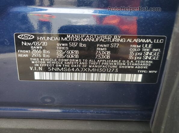 5NMS64AJXMH301273 2021 HYUNDAI SANTA Blue Widok naklejki z numerem VIN