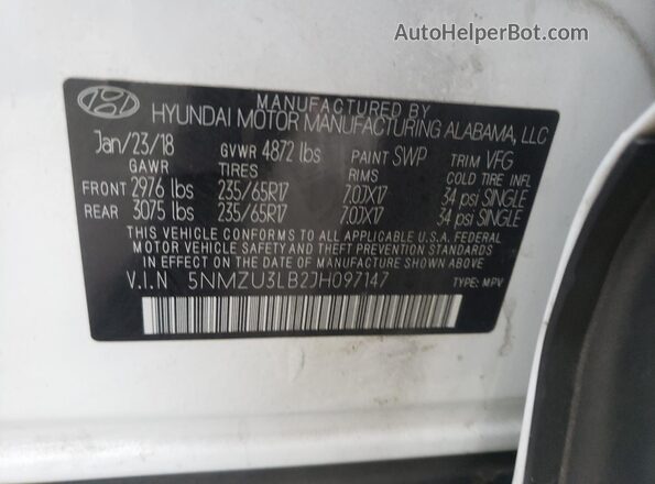 5NMZU3LB2JH097147 2018 HYUNDAI SANTA White Vista del compartimento del motor