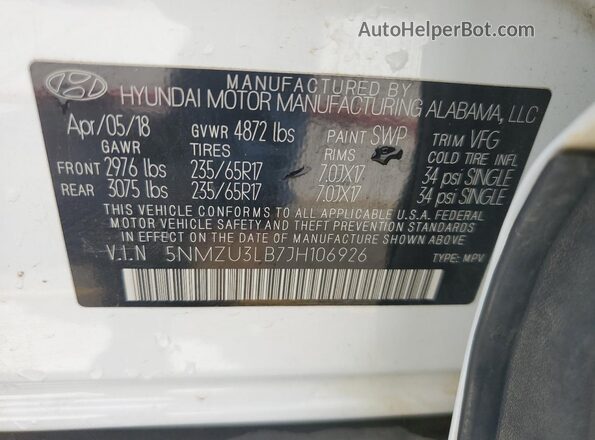5NMZU3LB7JH106926 2018 HYUNDAI SANTA White VIN կոդի պիտակի տեսք