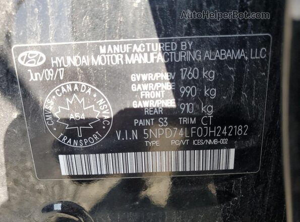 5NPD74LF0JH242182 2018 HYUNDAI ELANTRA Black Widok naklejki z numerem VIN