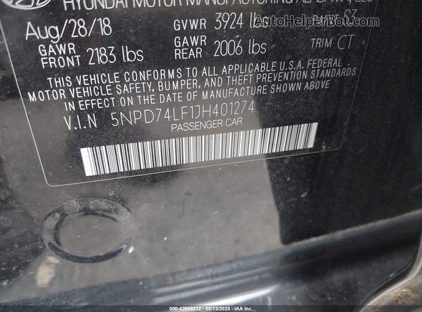 5NPD74LF1JH401274 2018 HYUNDAI ELANTRA Black Engine compartment view