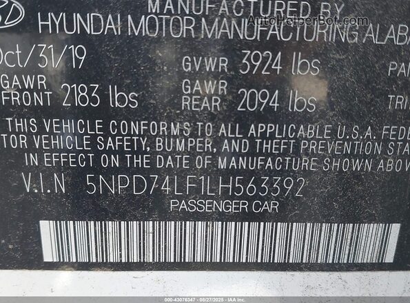 5NPD74LF1LH563392 2020 HYUNDAI ELANTRA Белый Вид подкапотного пространства