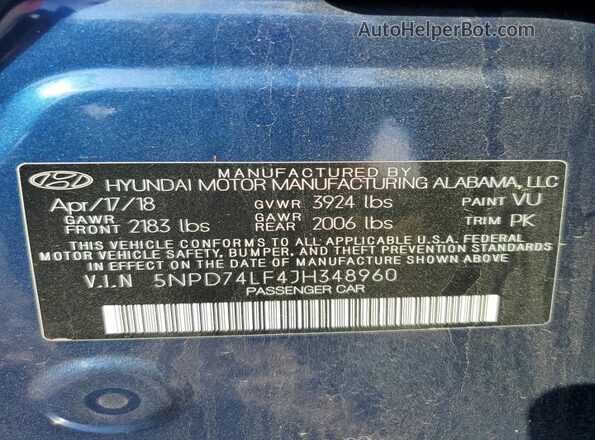 5NPD74LF4JH348960 2018 HYUNDAI ELANTRA Blue Вид підкапотного простору