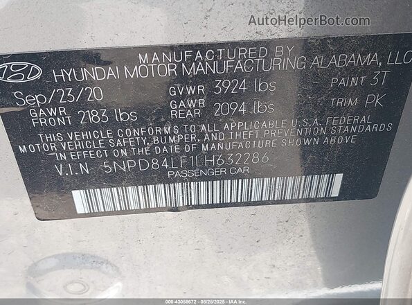 5NPD84LF1LH632286 2020 HYUNDAI ELANTRA Silver Widok komory silnika