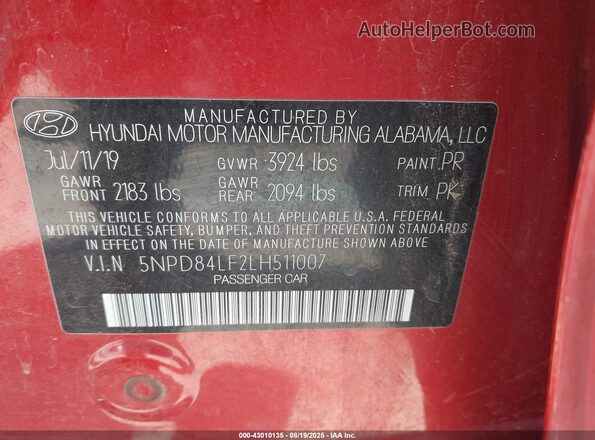 5NPD84LF2LH511007 2020 HYUNDAI ELANTRA Red Engine compartment view